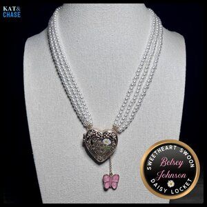 Betsey Johnson Heart Locket I Love You Necklace Sweetheart Swoon Butterfly Pearl